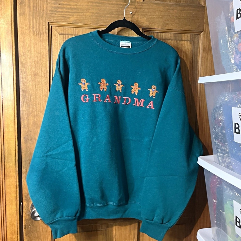 Vintage Tultex Superweight Grandma Gingerbread Crewneck Sweatshirt Teal XL